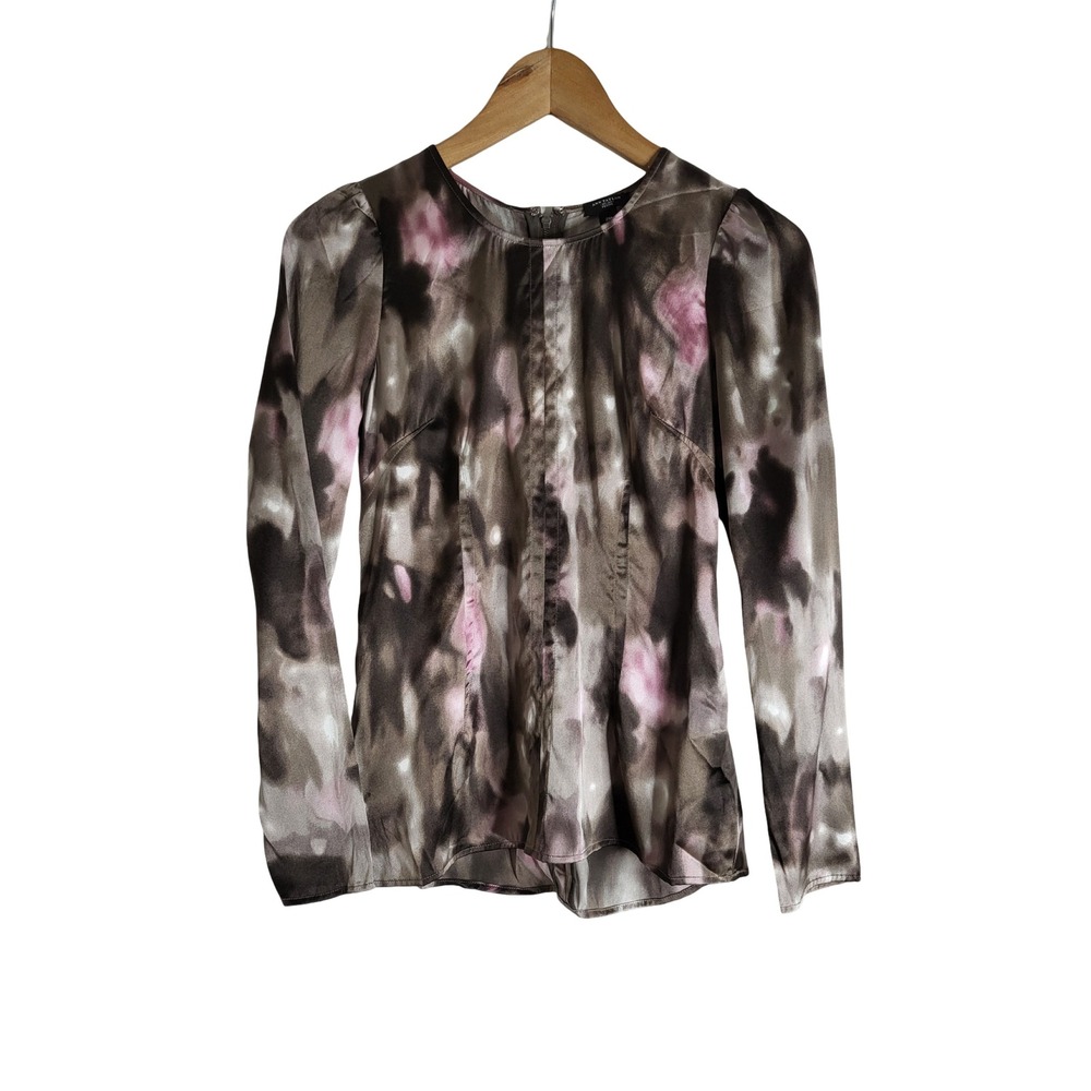 Ann Taylor Silk Blouse 2P Grey Pink Abstract Watercolor Long Sleeve Whimsigoth